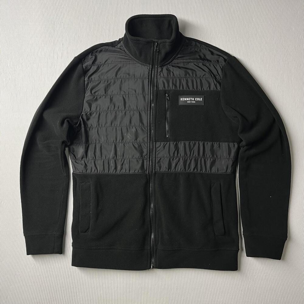 Kenneth Cole Jacket Mens M Black Fleece Quilted Full Zip Stand Collar Pockets